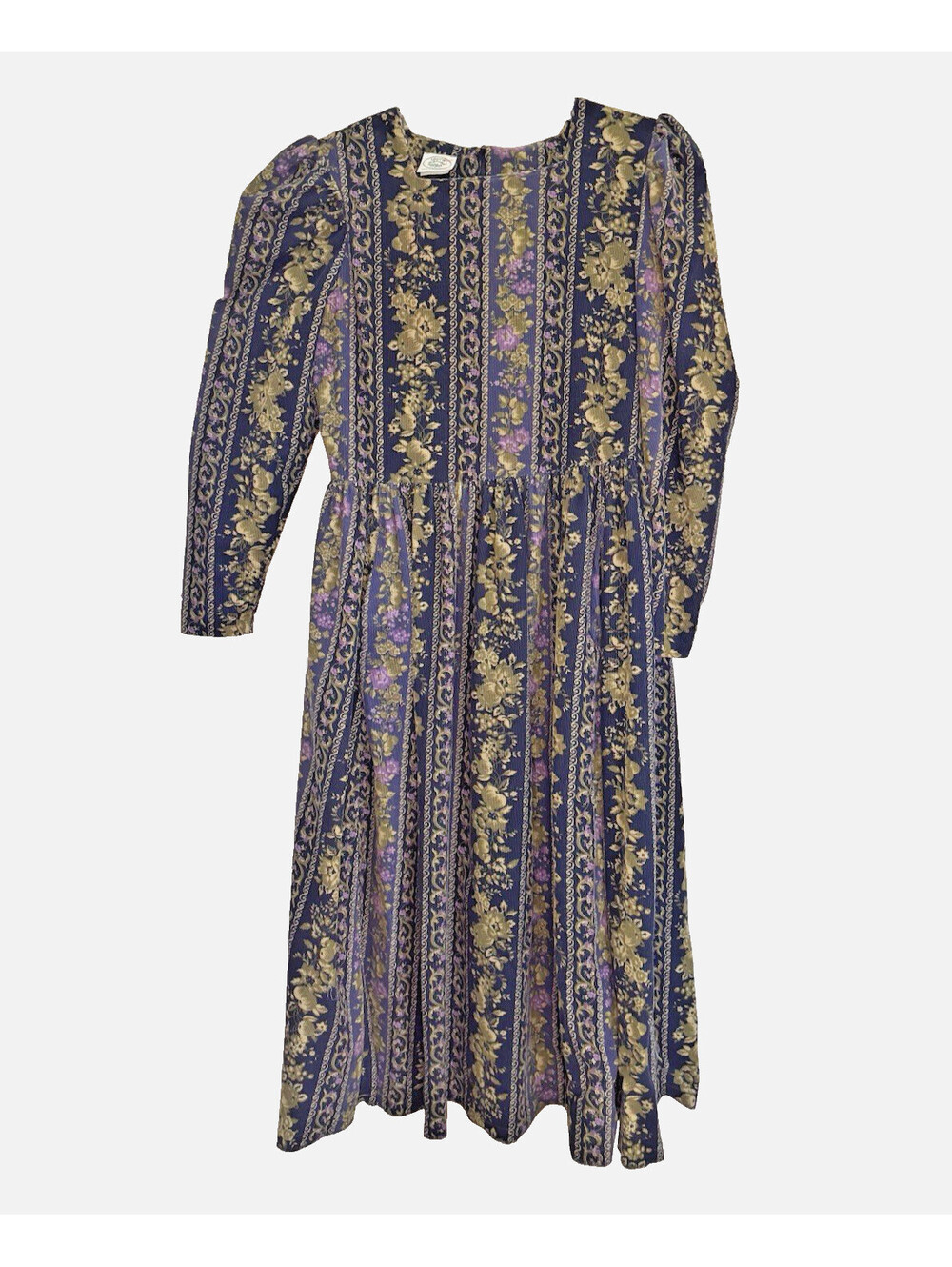 Vintage 1980's Laura Ashley Purple Floral Corduroy Puff Sleeve Midi Dress Sz 8 E